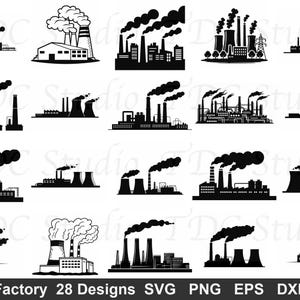 Könnte beinhalten: Eine Sammlung von 28 Fabrikdesigns in Schwarz-Weiß. Jedes Design zeigt Fabriken mit rauchenden Schornsteinen in verschiedenen Gebäude- und Strukturkonfigurationen. Erhältlich in den Formaten SVG, PNG, EPS und DXF. Der Text 'Factory 28 Designs' ist sichtbar.