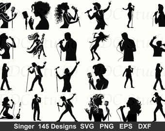 May include: A collection of black silhouette designs of singers with microphones. The images depict various poses, including singing, dancing, and holding microphones. The text "Singer 145 Designs" is at the bottom.