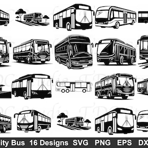 Könnte beinhalten: Sammlung von 16 schwarz-weißen Stadtbus-Designs in verschiedenen Stilen. Enthält SVG-, PNG-, EPS- und DXF-Formate. Ideal für digitale Kunstprojekte, Transport-Designs und Grafikdesign.