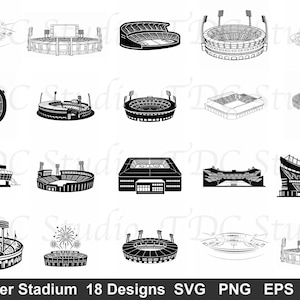Pode incluir: Uma coleção de 18 designs de estádios de futebol em preto e branco, apresentados em várias perspectivas. A imagem inclui o texto "Soccer Stadium 18 Designs SVG PNG EPS DXF".