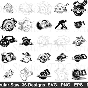 May include: Collection of circular saw designs in various styles, including detailed illustrations and silhouettes. The image features a variety of saw types, with blades and handles. Text at the bottom reads "Circular Saw 36 Designs SVG PNG EPS DXF".