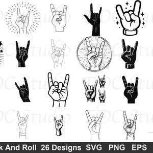 Pode incluir: Uma coleção de vinte e seis ilustrações gráficas em preto e branco retratando mãos fazendo o sinal de rock and roll. Os designs apresentam vários estilos artísticos, incluindo arte linear, silhuetas e esboços detalhados. O texto na parte inferior diz Rock And Roll 26 Designs SVG PNG EPS DXF.