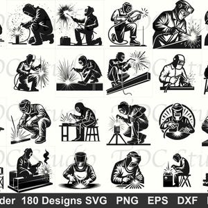 Puede incluir: Una colección de ilustraciones en blanco y negro que representan soldadores en varias poses. Las imágenes muestran soldadores usando sopletes de soldadura, con chispas y llamas. El texto "Welder 180 Designs SVG PNG EPS DXF PDF" está en la parte inferior.