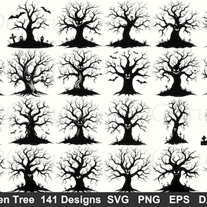 May include: A collection of black Halloween tree designs. The trees have gnarled branches and some feature spooky faces, bats, and tombstones. The image includes the text "Halloween Tree 141 Designs" and file type abbreviations.