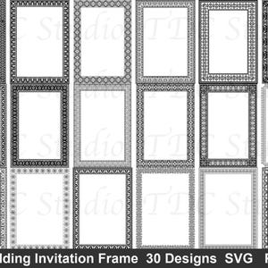 May include: A collection of thirty rectangular frames featuring diverse black and white geometric and floral border patterns. Each frame is presented as a distinct design element with a clear center, suitable for wedding invitations and stationery.