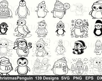 Cute Penguin SVG Bundle (139 Designs) - Christmas Penguin Clipart PNG, Holiday Coloring Page, Winter Cut File | Commercial Use