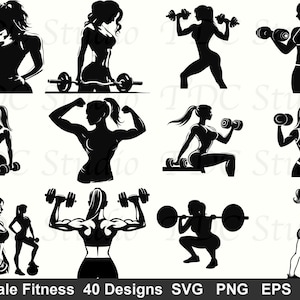 May include: Black and white silhouettes of women in various fitness poses, including lifting dumbbells and using a barbell. The image includes the text "Female Fitness 40 Designs SVG PNG EPS DXF".