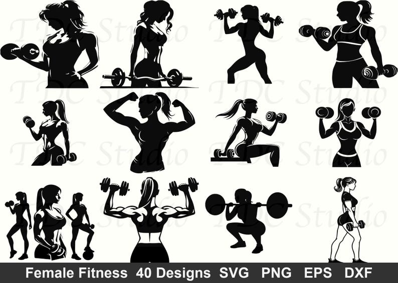 May include: Black and white silhouettes of women in various fitness poses, including lifting dumbbells and using a barbell. The image includes the text "Female Fitness 40 Designs SVG PNG EPS DXF".