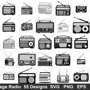 Puede incluir: Ilustraciones en blanco y negro de radios vintage en varios diseños. Cada radio tiene una forma, antena y configuración de dial únicas. La imagen incluye el texto "Vintage Radio 55 Designs SVG PNG EPS DXF".
