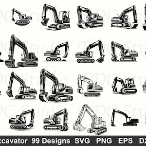 Może przedstawiać: Zbiór czarno-białych wzorów koparek w różnych pozach. Obraz zawiera wiele ilustracji pojazdów budowlanych, z tekstem "Excavator 99 Designs SVG PNG EPS DXF" na dole.