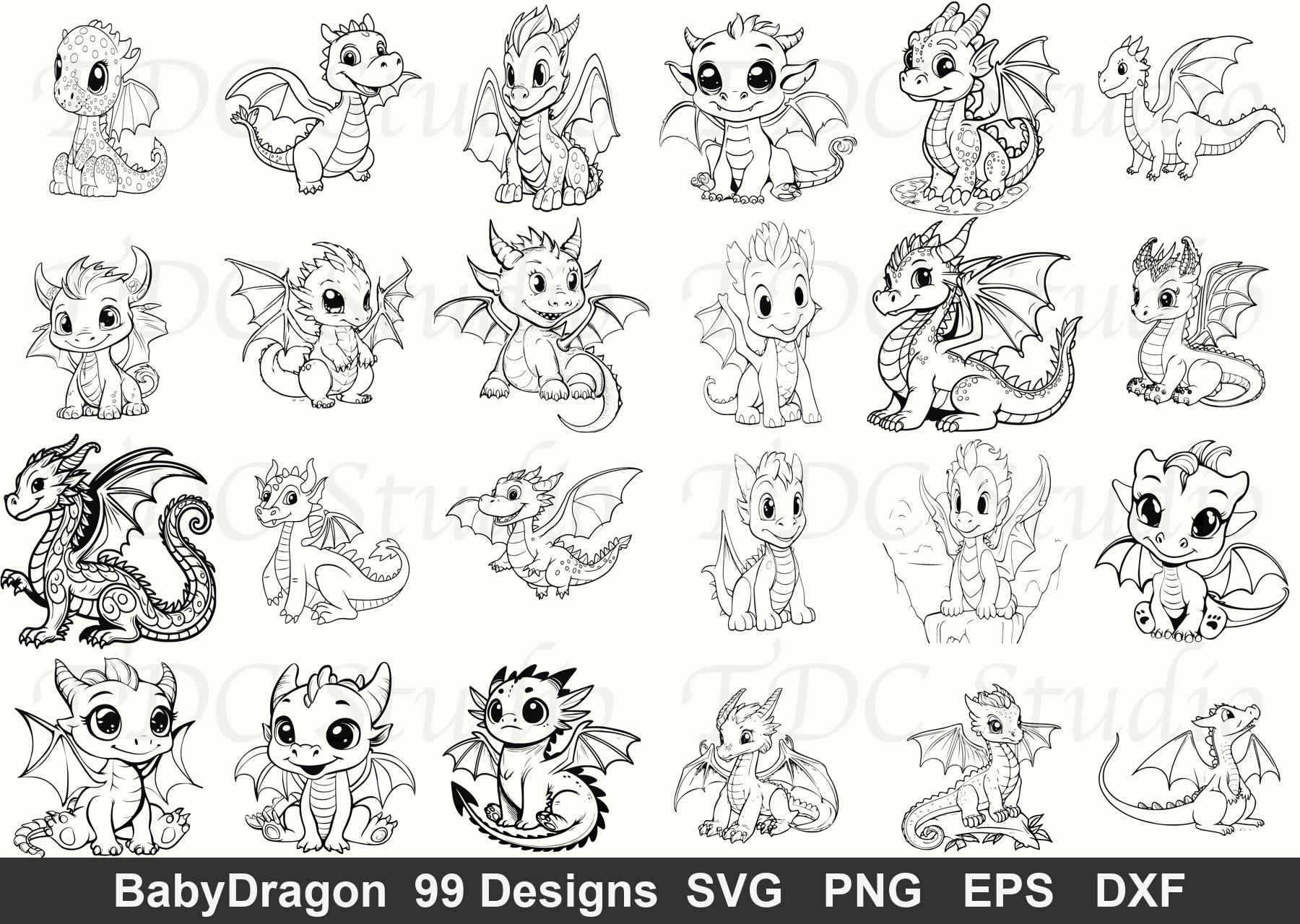 Baby Dragon SVG Bundle (99 Designs) Cricut Outline Cute Fantasy Clipart ...
