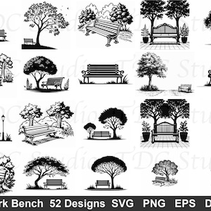 May include: A selection of 52 park bench designs in monochrome. Each design shows a park bench with trees and greenery. The designs are available in SVG, PNG, EPS, and DXF formats.