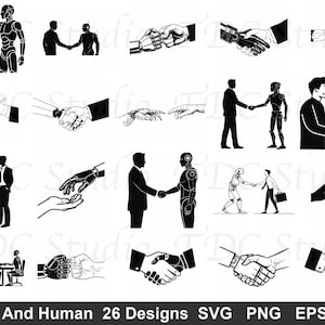 AI Robot & Human SVG Bundle (26 Designs) - Robot Handshake PNG, Futuristic Fist Bump Silhouette, Cybernetic Partnership Cut File