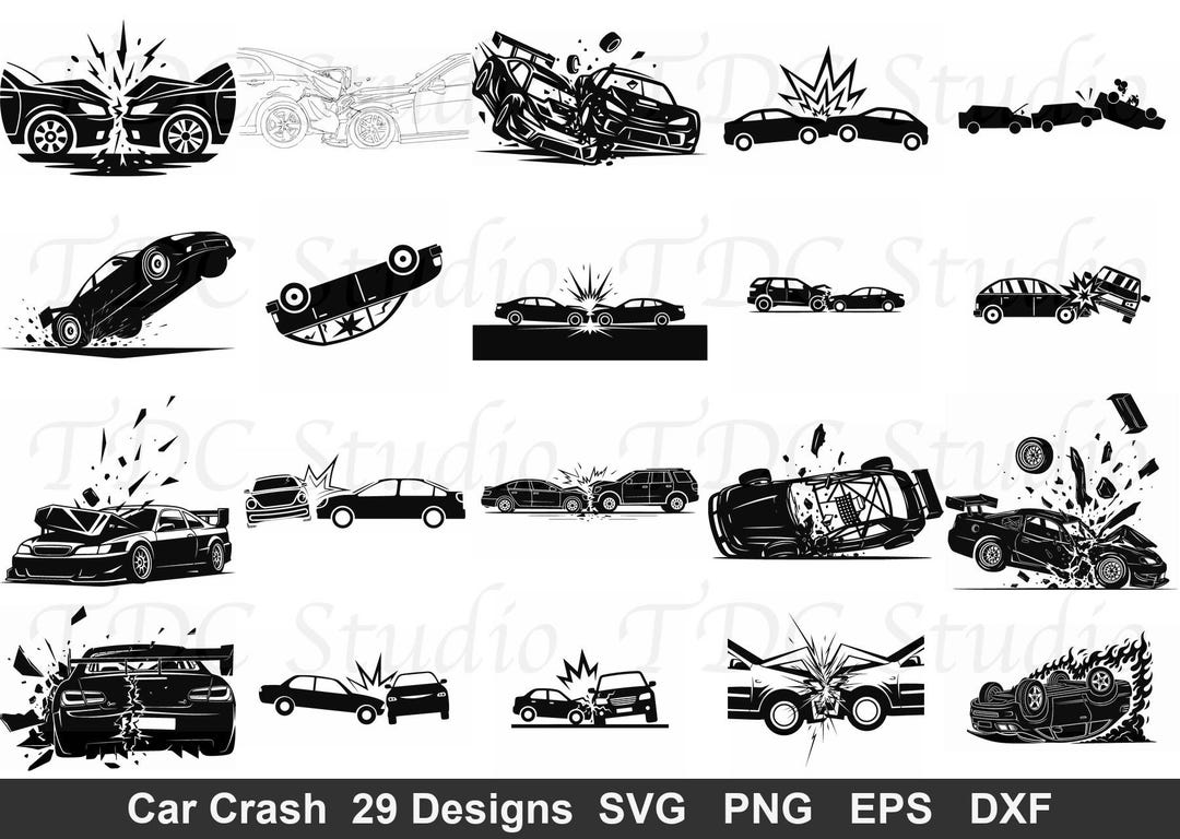 Car Crash SVG Bundle (29 Designs) - Auto Collision, Demolition Derby ...