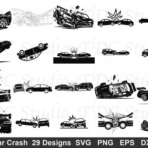May include: A collection of twenty-nine black and white digital illustrations depicting various car crash scenarios, including head-on collisions, overturned vehicles, and damaged automobiles with debris, labelled as Car Crash 29 Designs SVG PNG EPS DXF.