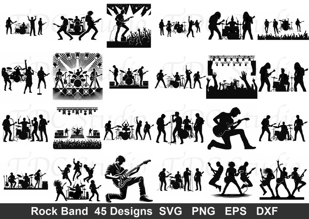 Rock Band SVG Bundle (45 Designs) - Concert Silhouette PNG, Rock Star ...