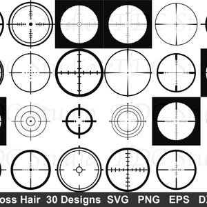 Peut inclure: Une collection de 30 motifs circulaires de réticules et de viseurs en noir et blanc, présentant diverses épaisseurs de traits, des graduations et des motifs géométriques. Le texte en bas indique Cross Hair 30 Designs SVG PNG EPS DXF.