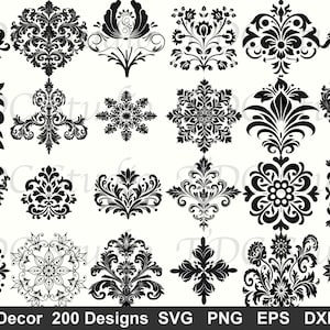 Puede incluir: Una colección de 200 diseños ornamentales en blanco y negro. Los diseños incluyen patrones florales, de volutas y geométricos, adecuados para proyectos de arte digital y manualidades. La imagen incluye el texto "FrameDecor 200 Designs".