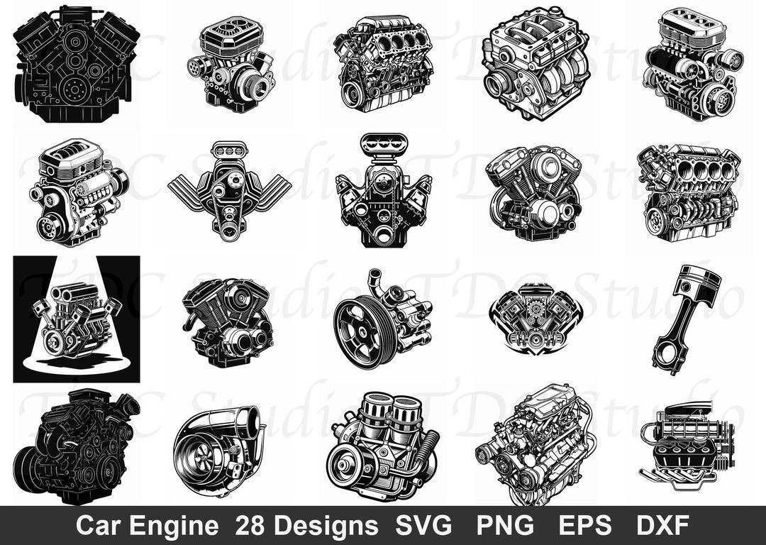 Car Engine SVG Bundle (28 Designs) - V8 Engine PNG, Piston & Turbo ...