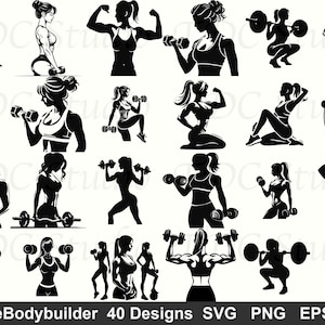 May include: Collection of 20 black and white illustrations of female bodybuilders in various poses. The images depict women lifting weights, flexing muscles, and working out. The text "FemaleBodybuilder 40 Designs SVG PNG EPS DXF" is at the bottom.