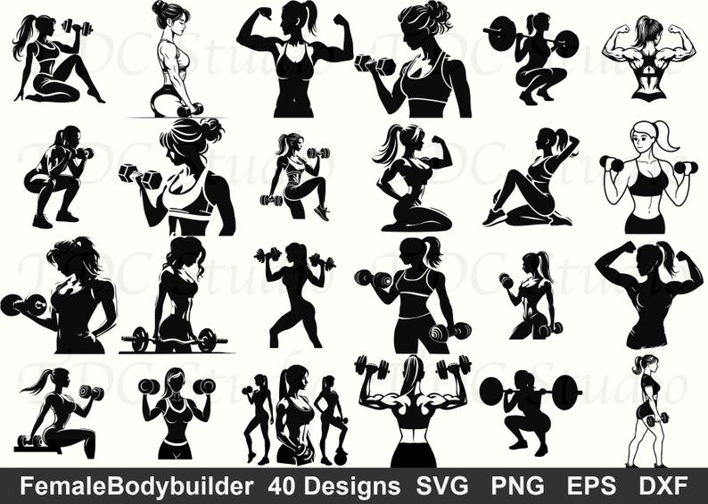 May include: Collection of 20 black and white illustrations of female bodybuilders in various poses. The images depict women lifting weights, flexing muscles, and working out. The text "FemaleBodybuilder 40 Designs SVG PNG EPS DXF" is at the bottom.