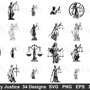 May include: A collection of black and white Lady Justice designs. The images depict the Roman goddess of justice holding scales and a sword. The designs are in various styles, including silhouettes and detailed illustrations. The text "Lady Justice 34 Designs" is at the bottom.