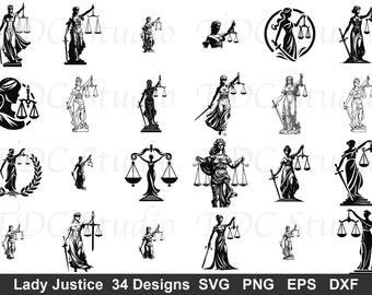 Lady Justice SVG Bundle (34 Designs) - Goddess of Justice PNG, Scales of Justice Silhouette, Law Office Decor, Attorney Gift Cut File