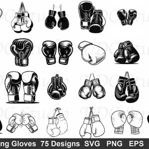 Paquete de SVG de guantes de boxeo (75 diseños) - PNG de kickboxing, silueta de guante de boxeo, archivo de corte de combate MMA, arte para gimnasio y fitness para uso comercial