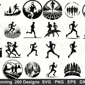 Peut inclure: Ensemble de motifs de course en sentier en noir et blanc. Les motifs présentent des silhouettes de coureurs dans divers environnements, notamment des montagnes, des forêts et des paysages urbains. Le texte "Trail Running 200 Designs" est en bas.