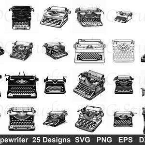 May include: Collection of 25 vintage typewriter designs in black and white. The illustrations showcase various angles and styles of classic typewriters, perfect for digital art projects. The image includes the text "Typewriter 25 Designs SVG PNG EPS DXF".
