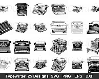 Typewriter SVG Bundle (25 Designs) - Vintage Typewriter PNG, Antique Writer Silhouette, Journalist Cut File, Dark Academia Decor Art