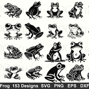Puede incluir: Una colección de 20 ilustraciones de ranas en blanco y negro en varias poses. Las ranas se representan con un estilo artístico detallado, con variaciones en la postura y el diseño. El texto en la parte inferior dice "Frog 153 Designs SVG PNG EPS DXF."