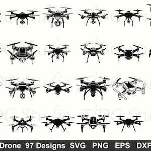 May include: Collection of black drone illustrations in various designs. Each drone features four propellers and a central body, with some including cameras. The image includes the text "Drone 97 Designs SVG PNG EPS DXF".