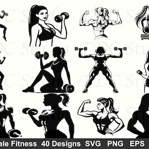 May include: A collection of black and white illustrations of women exercising with dumbbells. The images depict various fitness poses, including lifting weights, flexing, and seated exercises. The text "Female Fitness 40 Designs" is at the bottom.
