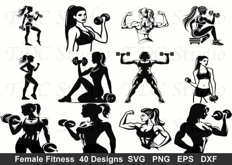 May include: A collection of black and white illustrations of women exercising with dumbbells. The images depict various fitness poses, including lifting weights, flexing, and seated exercises. The text "Female Fitness 40 Designs" is at the bottom.