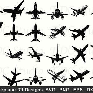 May include: A collection of 21 black airplane silhouettes in various views, including front, side, and top profiles. The image includes the text "Airplane 71 Designs SVG PNG EPS DXF".