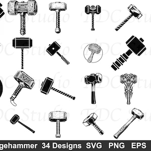 May include: A collection of thirty-four black and white digital illustrations of various sledgehammers, featuring diverse handle textures, head shapes, and artistic styles, presented in a grid layout with the text Sledgehammer 34 Designs SVG PNG EPS DXF.
