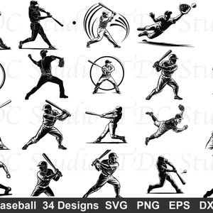 Puede incluir: Una colección de veinte ilustraciones vectoriales en blanco y negro que representan a jugadores de béisbol en varias poses atléticas, incluyendo bateo, lanzamiento y fildeo. El texto en la parte inferior dice Baseball 34 Designs SVG PNG EPS DXF.