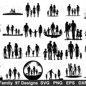 Familie SVG-bundel (97 ontwerpen) - moeder vader kinderen silhouet png, familie-uitje gesneden bestand, gepersonaliseerde cadeaukunst | Commercieel gebruik
