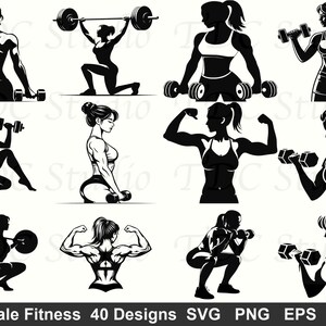 May include: Black and white illustrations of women in various fitness poses, including lifting weights, using dumbbells, and doing squats. The text "Female Fitness 40 Designs" is at the bottom.