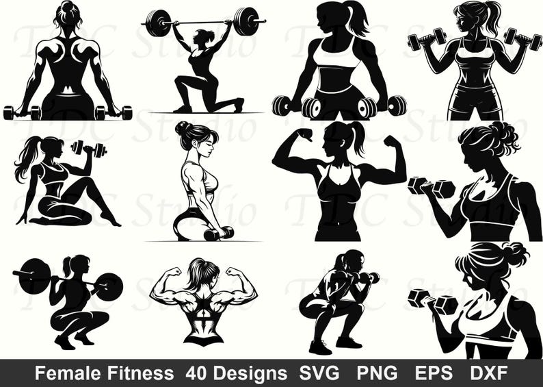 May include: Black and white illustrations of women in various fitness poses, including lifting weights, using dumbbells, and doing squats. The text "Female Fitness 40 Designs" is at the bottom.