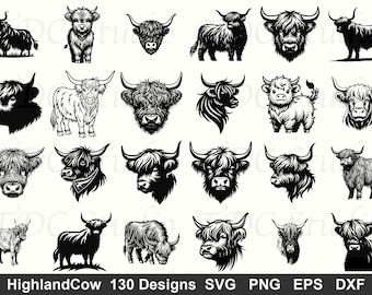 Highland Cow SVG Bundle | 130 Farm Animal Cow Silhouette & Line Art Designs | Cricut Silhouette Cut Files svg dxf eps png pdf Commercial Use