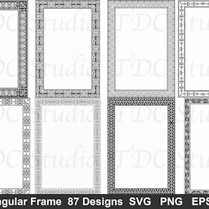 May include: A collection of eight rectangular frames featuring various black and white intricate border patterns. The text at the bottom reads Rectangular Frame 87 Designs SVG PNG EPS DXF. Each frame has a distinct geometric or floral design.