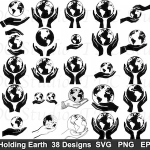 Earth Day SVG Bundle (38 Designs) - Global Unity Art Environmental PNG Sustainability Cut File Hands Holding Earth Silhouette
