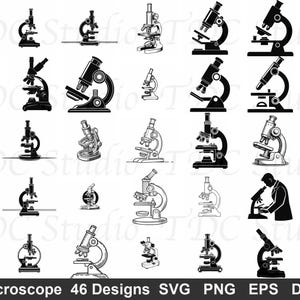 Puede incluir: Una colección de 46 diseños de microscopios en varios estilos, incluyendo arte lineal y siluetas negras sólidas. La imagen incluye el texto "Microscope 46 Designs SVG PNG EPS DXF".