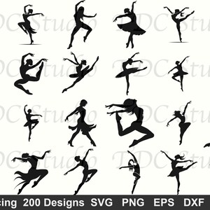 May include: A selection of black silhouette images depicting dancers in different poses. The dancers are captured mid-movement, with limbs outstretched. The text "Dancing 200 Designs" is at the bottom, alongside file type abbreviations.