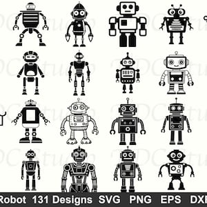 Könnte beinhalten: Eine Sammlung von 20 schwarz-weißen Roboterdesigns in verschiedenen Stilen. Die Roboter haben unterschiedliche Körperformen, Kopfanordnungen und Arm- und Beinkonfigurationen. Das Bild enthält den Text "Robot 131 Designs" unten.