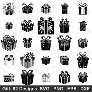 May include: A collection of 32 black and white gift box designs with various bow styles and patterns. The image includes the text "Gift 82 Designs SVG PNG EPS DXF". These designs are suitable for crafting and digital projects.