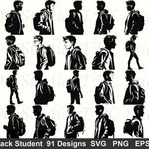 May include: Black and white silhouette illustrations of students with backpacks. Various poses and angles are shown, including side profiles and full body views. The text "Backpack Student 91 Designs" is at the bottom.