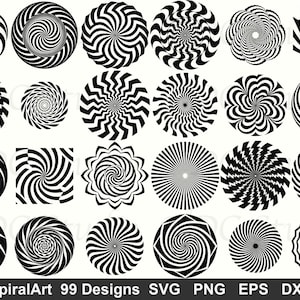 Może przedstawiać: Kolekcja 27 czarno-białych wzorów spiralnych w różnych kształtach, w tym okręgów i kwadratów. Wzory charakteryzują się koncentrycznymi wzorami i wirującymi liniami, tworzącymi iluzję optyczną. Tekst "SpiralArt 99 Designs" znajduje się na dole.
